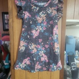 Girls Floral Ruffle Sleeve Casual Dress - Charcoal with Pink & Blue